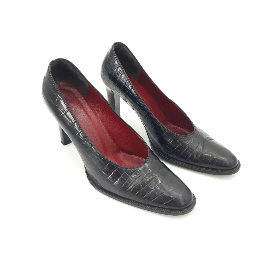 YSL | Vintage Croc Embossed Leather Heels in Black